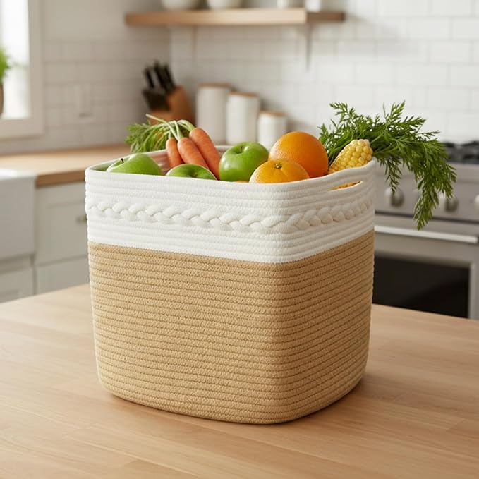 danpinera 3-Pack Cube Storage Bins, 13"x13" Cotton Rope Woven Baskets for Organizing, Square Storage Baskets for Shelves, Books, Towels, Clothes, Toys, White & Khaki