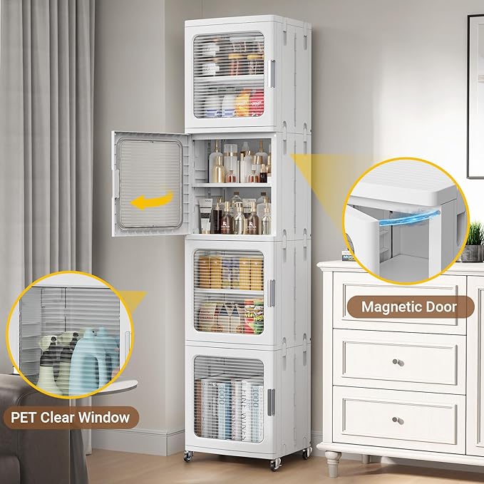BROVIEW 4-Tier Tall Narrow Storage Cabinet 14.6” Wide, Slim Bathroom Cabinets with Adjustable Shelves and Doors, Plastic Kitchen Pantry Organizers and Storages for Small Space, Laundry, White