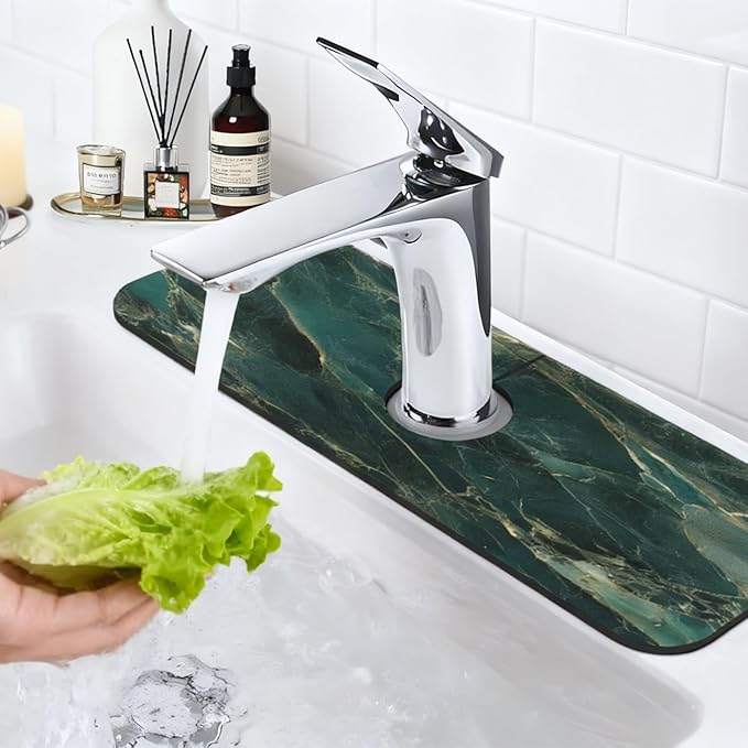 Sink Faucet Mat Elegant Green Marble Kitchen Splash Guard Absorbent Bathroom Sink Mat Around Faucet 15" x 5.5" Drying Mats Stone Draining Mat
