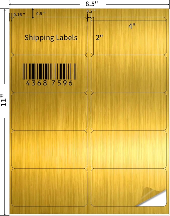 YEGAWEN Shipping Labels Stickers, 2"×4" Gold Printable Mailing Labels for Laser/Inkjet Printing- Matte Gold, 8.5"×11"- 20 Sheet
