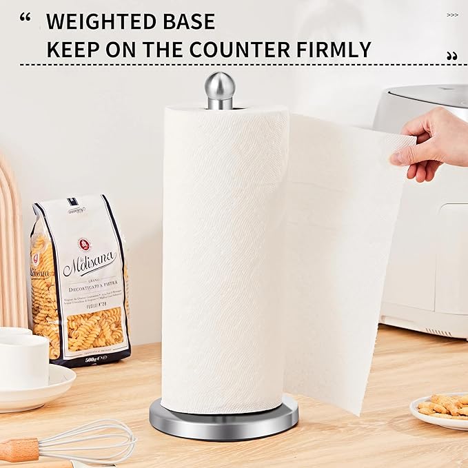 Paper Towel Holder Countertop, Paper Towel Holder with Solid Weighted Base, for Standard and Large Size Rolls (Silver)