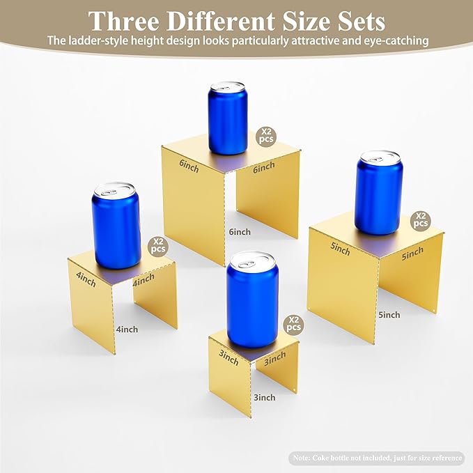 Matte Metal Display Stand,6 Pcs 2 Set Display Risers for Display, Metal Rectangular Display Shelf for Showcase, Dessert, Toys, Perfume (Gold, 3''x4''x5 x6)