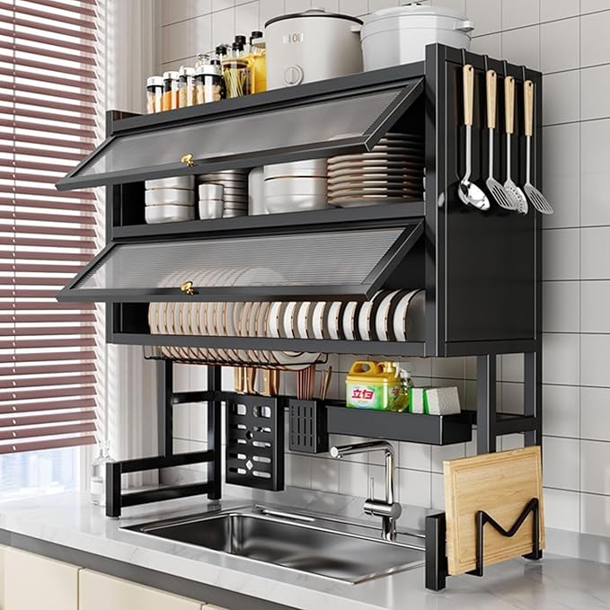 Large Over The Sink Dish Drying Rack 4 Tiers with Cover, Space-Saving Keep Kitchen Sink Shlef Organized, Drying Rack for Dishes, Glasses, Bowls, Cutlery Black(Black,105cm)