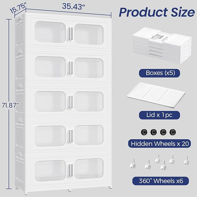 QAVABIN 250GAL Extra Large Storage Bins with Lid, 1000QT Storage Bins with Wheels, Folding Closet Organizer, Stackable Collapsible Plastic Storage Containers for Home, Office, Kitchen, 5Pack White