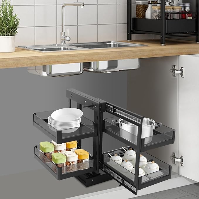 2-tier Pull-out Organizer with 4 Baskets, Kitchen Cabinet Blind Corner Pull-out Organizer, Corner Pull Out Cabinet with Sliding Design, Left Open & Right Open Compatible
