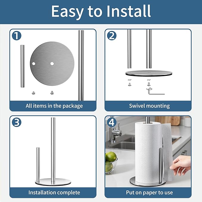 Stainless Steel Paper Towel Holder Stand for Kitchen Countertop and Bathroom, Upright Kitchen Paper Towel Holder for Large and Standard Rolls(Silver)