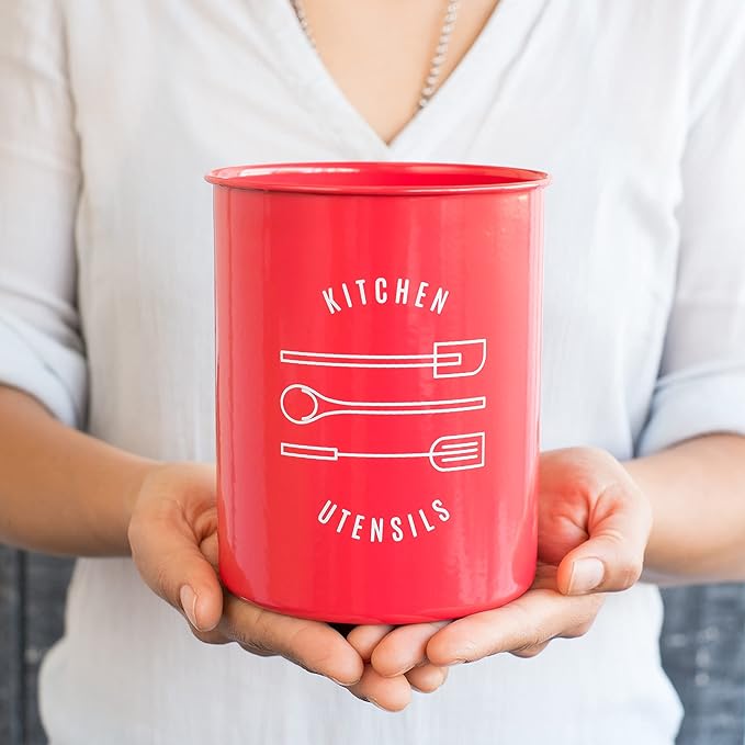 Now Designs Powder-Coated Steel Utensil Crock,Red, 5x6 inches
