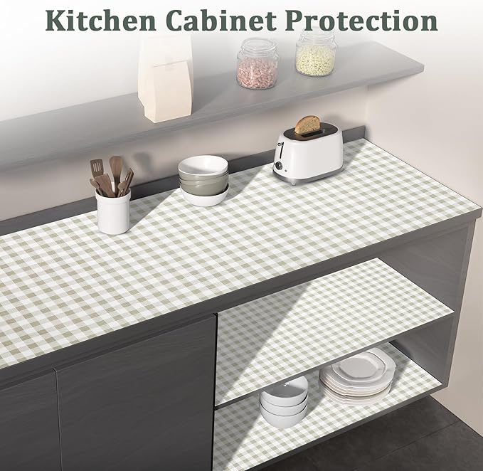 MIAONET Shelf Liner for Kitchen Cabinets 18" x 360" Non-Adhesive Non-Slip Drawer Liners for Dresser, Waterproof Washable Paper, Durable Protector Mat for Pantry Shelves Cupboards, Green Plaid