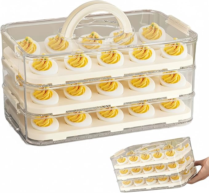 hhhlsl Deviled Egg Carrier 3-Layer Plastic Clear Deviled Egg Tray with Lid & Handle & Buckle Thickened 60 Holder for Fridge, Travel, Party