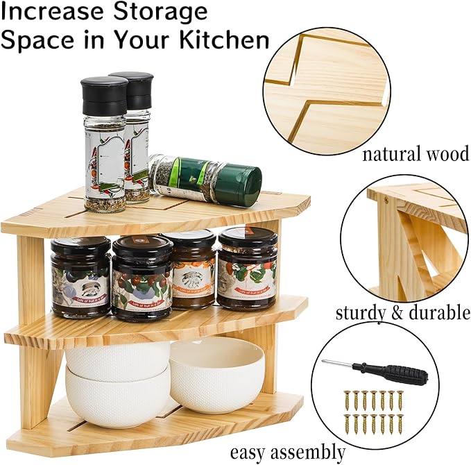 Goaste 3 Tier Cabinet Organizer Shelf, Wood Corner Rack for Kitchen Counter, Space Saving Corner Shelf Organizer for Plates Dishes Bowls Bread, Pantry Bathroom Storage, Home & Housewarming Gift
