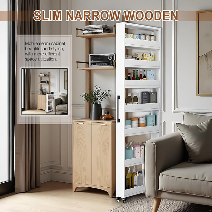 7-Tier Slim Rolling Storage Cart, Wooden Narrow Pantry Cabinet with Wheels, Tall Space-Saving Shelf Organizer for Kitchen, Laundry, Bathroom (Orange, 73.2" H*9.8" W*19.6" D)