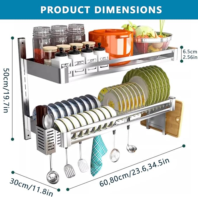 2Tier Wall Mounted Dish Drying Rack, Stainless Steel Hanging Dish Drainer with Drain Tray, Large Capacity Kitchen Storage Shelf with Utensil Cutlery Holder, for Plates Bowls & Mugs (31.5x11.8x19.7in)