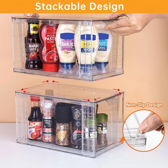 4 Pack Large Stackable Storage Drawers,Clear Acrylic Drawer Organizers with Handles, Easily Assemble for Kitchen Undersink,Bathroom,Cabinet,Makeup,Closet,Pantry,Organization and Storage