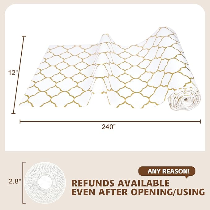 Shelf Liners for Kitchen Cabinets 23in x 20FT Non Adhesive Drawer Liner Gold Quatrefoil Thickened Shelf Liner Paper Strong Non-Slip Easy to Clean for Tool Box Refrigerator with Knife and Tape Measure