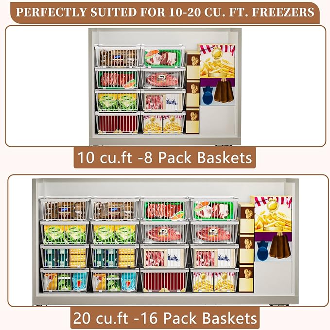 Large Freezer Organizer Bins，Upgraded Bottom Leak-Proof net，2 Pack， Expandable Stackable Chest Freezer Containers with Handle，for Fridge, Deep Freezer, Cabinet, Kitchen, Pantry (White-4Pack)