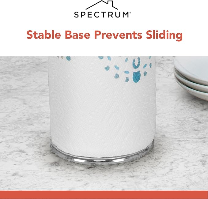 Spectrum Chrome Paper Towel Holder Countertop Kitchen Organizer, Easy Tear Modern Freestanding Kitchen Hand Towel Roll Stands Vertical for Standard and Large Paper Towel Rolls with Durable Steel Base