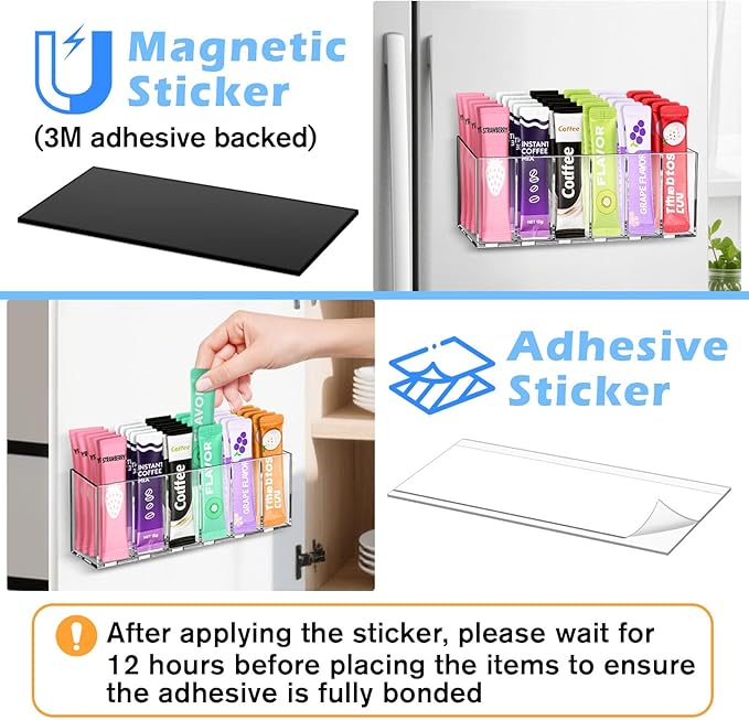 Drink Packet Organizer, Magnetic & Adhesive Water Packet Organizer with Removable Dividers & 6 Compartment for Kitchen Pantry Table Fridge Cabinet