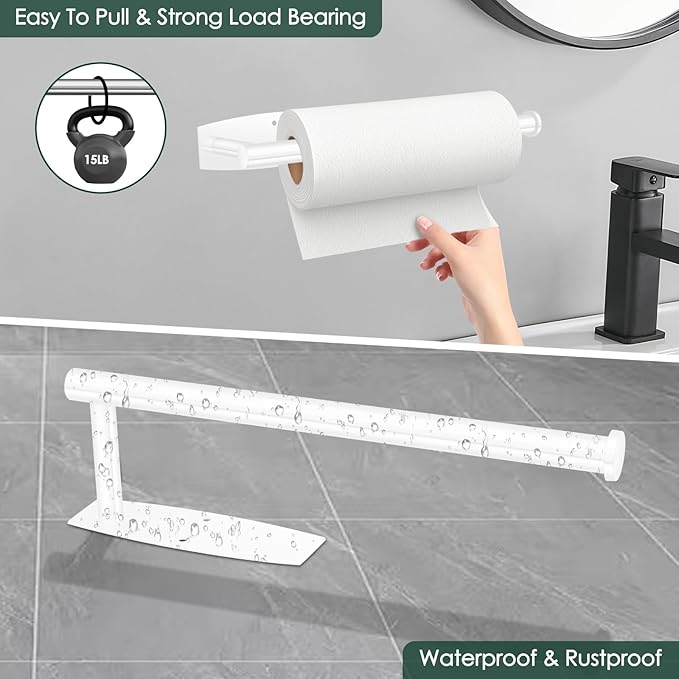 White Paper Towel Roll Rack - Under Cabinet Stainless Steel Towel Holder - Self Adhesive or Drilled Mount - 200 lbs Max Weight
