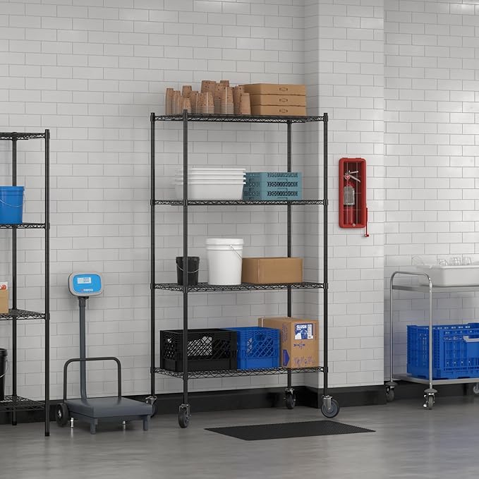 Commercial NSF Listed Black Epoxy Mobile Wire Shelving Kit 21" x 42" x 80", with 4 Shelves Perfect for Warehouse, Walk-in Refrigerator, Freezer, Grocery Store, Restaurant, Dishroom