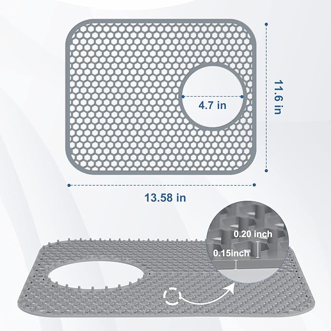 Bestjing Silicone Kitchen Sink Protector Mat with Rear Drain - 13.58''x 11.6'' Kitchen Sink Accessory, Folding Non-Slip Heat Resistant Mat Grid for Bottom of Stainless Steel Porcelain (Rear Hole)