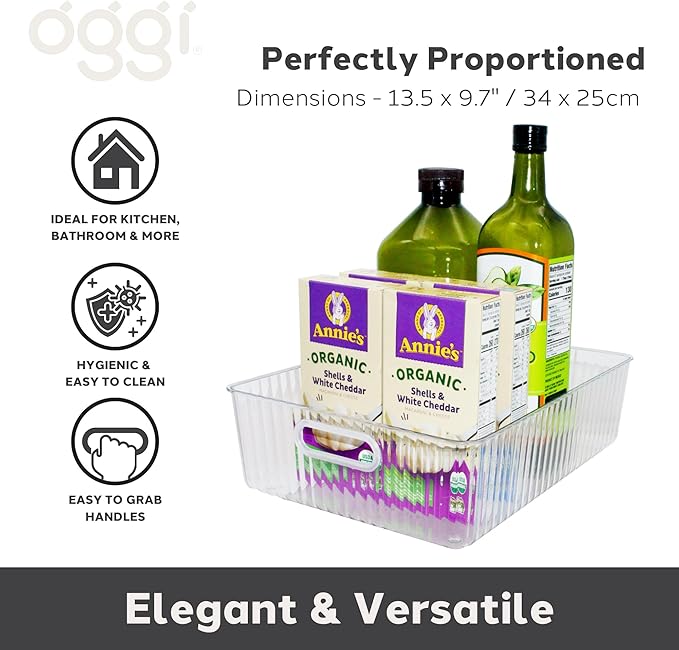 Oggi Clear Fluted Storage Bin with Handle - Durable Plastic Organizer for Fridge, Pantry, Cabinets & Countertop, Modern Farmhouse Style, Ideal for Kitchen Organization and Storage, 13.5" x 9.7"