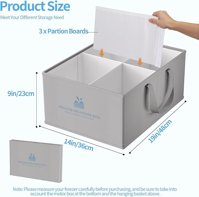 Housolution 2 Pack Freezer Organizer Bins, Collapsible Deep Chest Freezer Organizer Bins with Removable Dividers, Label Pockets, Waterproof Freezer Storage Bins with Portable Handle (19"x14"x9")