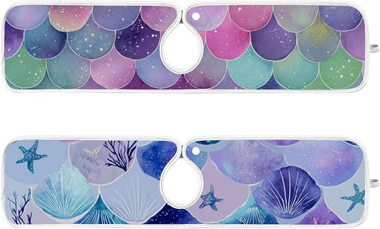 2 PCS Kitchen Sink Splash Guard 23.6 Inch Faucet Mat for Kitchen Sink Bathroom Sink Faucet Absorbing Drip Drain Mat Pad Microfiber Soft Washable Watercolor Mermaid Scales Starfish