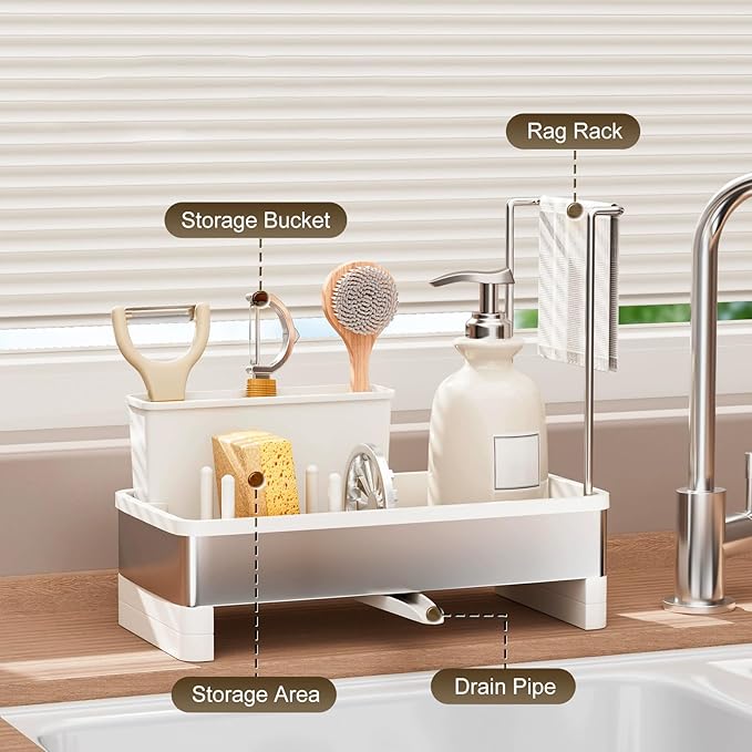 Sponge Holder for Kitchen Sink, Stainless Steel Sink Caddy with Brush Holder, Dishcloth Rack and Holds Soap Dispenser, Auto-Drain Rustproof Countertop Organizer (White)