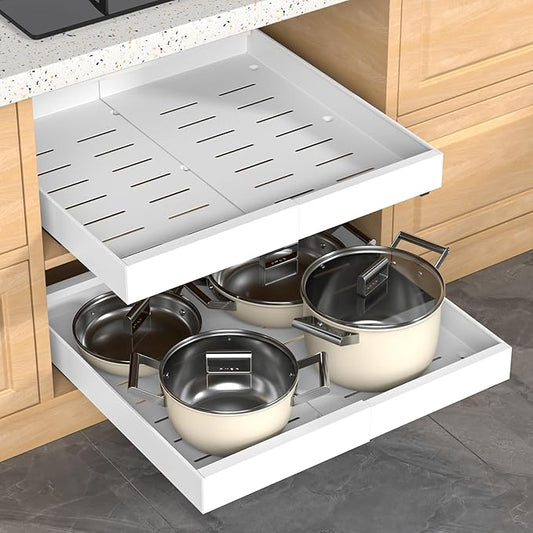 Expandable Pull Out Cabinet Organizer, 21"Deep Slide Out Drawer with Nano Adhesive, Upgrade 3 Slide Rails Roll Out Shelf for Kitchen, Pantry or Bathroom, Adjustable Width 12.4"-20.2"