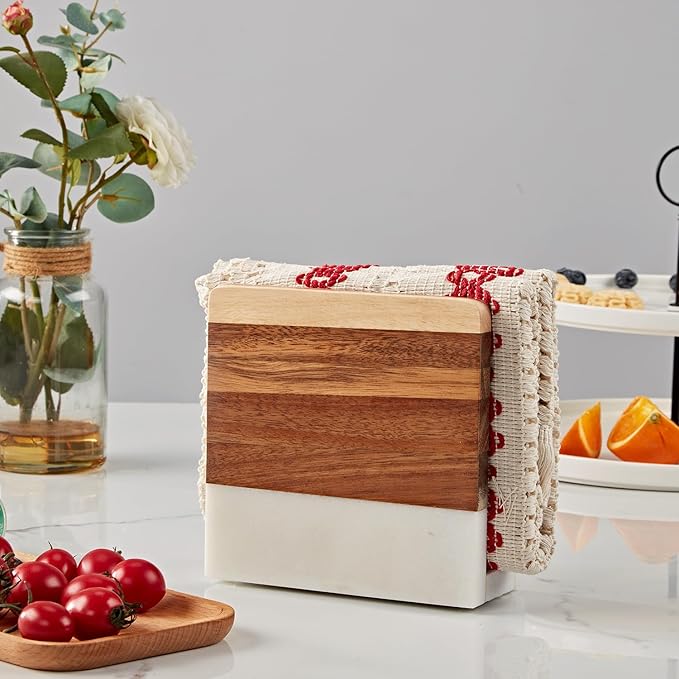 Marble Wood Napkin Holder, Square Heavy Duty Table Standing Tissue Dispenser, Handmade Natural Wood and Marble Tissue Holder, Napkin Dispenser for Home, Kitchen Countertop, Dining Room