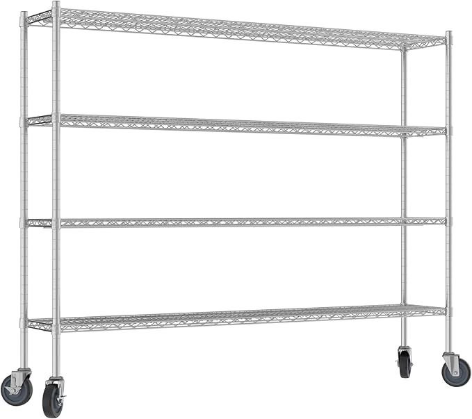 Commercial NSF Listed Chrome Mobile Wire Shelving Kit 14" x 72" x 60", with 4 Shelves Perfect for Warehouse, Walk-in Refrigerator, Freezer, Grocery Store, Restaurant, Dishroom