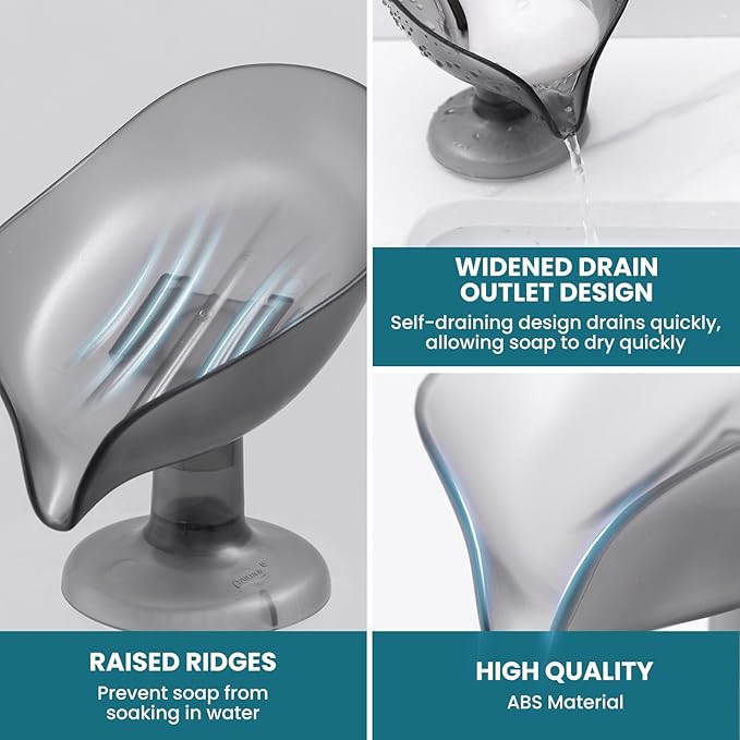 TAILI Self Draining Soap Holder, Leaf-Shaped Bar Soap Dish with Suction Cup Stand, Bar Saver Suitable for Bathroom, Tub, Kitchen Sink, Removable,Easy to Clean & Keep Dry, Grey