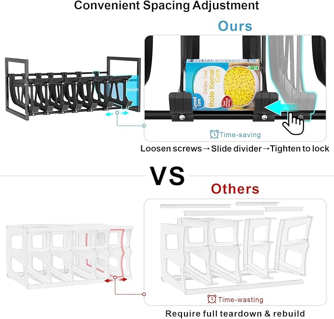 iSPECLE Can Organizer for Pantry with Adjustable Dividers, Fit Various Food Cans Sizes, Hold 60 Cans Auto Rolling Easy Access, Extendable Can Storage Organizer Better Fit Pantry Shelf Space, Black