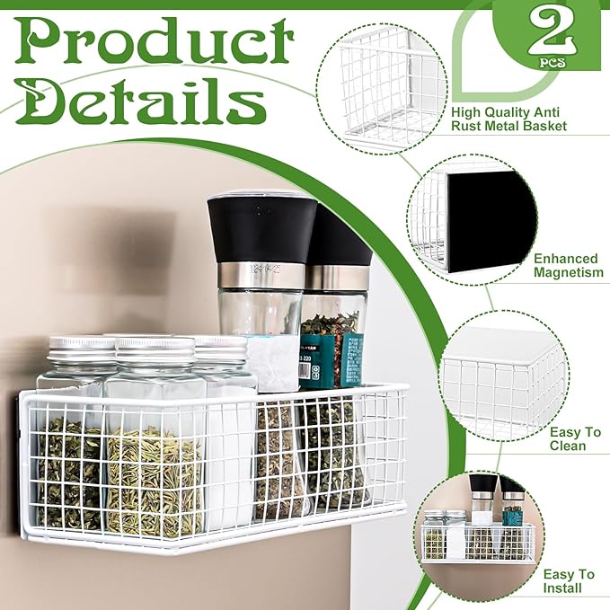 ONESIXEC 2 Pack Magnetic Basket Organizer Magnetic Baskets for Refrigerator Magnetic Storage Bin Baskets Magnetic Shelf Baskets for Home Kitchen Fridge Pantry Office Holds