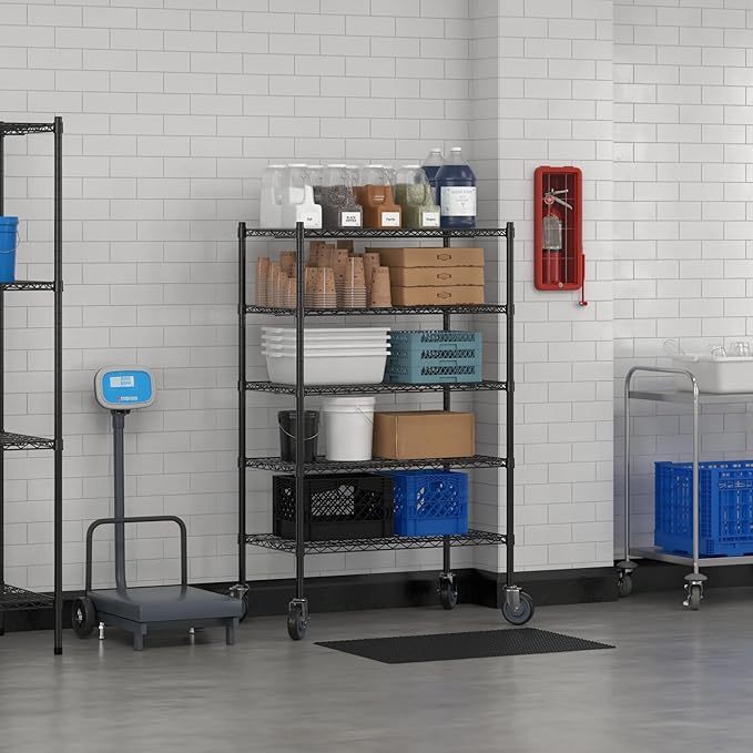 Commercial NSF Listed Black Epoxy Mobile Wire Shelving Kit 21" x 36" x 60", with 5 Shelves Perfect for Warehouse, Walk-in Refrigerator, Freezer, Grocery Store, Restaurant, Dishroom