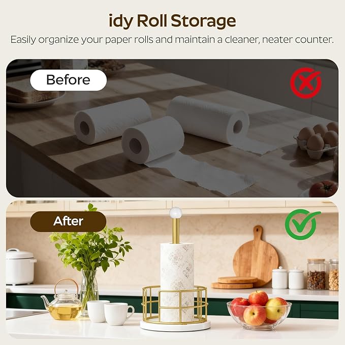 Paper Towel Holder, Kitchen Paper Towel Holder for Countertop, Gold Paper Towel Stand with Wooden Base, Freestanding Kitchen Roll Holder, for Standard Size Rolls, Gold CJ05DW