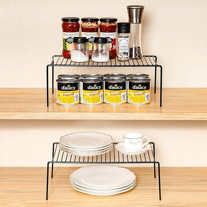 Kitchen Cabinet Shelf Organizer Set of 3, Large (15.7 x 9.4 inch) Metal Wire Pantry Storage Shelves, Dish Plate Racks for Cabinets, Freezer, Counter, Cupboard Organizers and Storage, Black