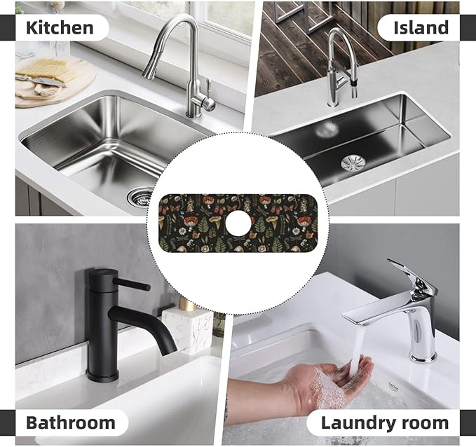 Vintage Magic Witch Mushroom Fern Witchcraft Kitchen Sink Splash Guard Faucet Mat Super Absorbent Fast Drying Mat Sink Gadgets-Fast Drying Pad Sink Mat For Kitchen Bathroom (15" X 5.5" )