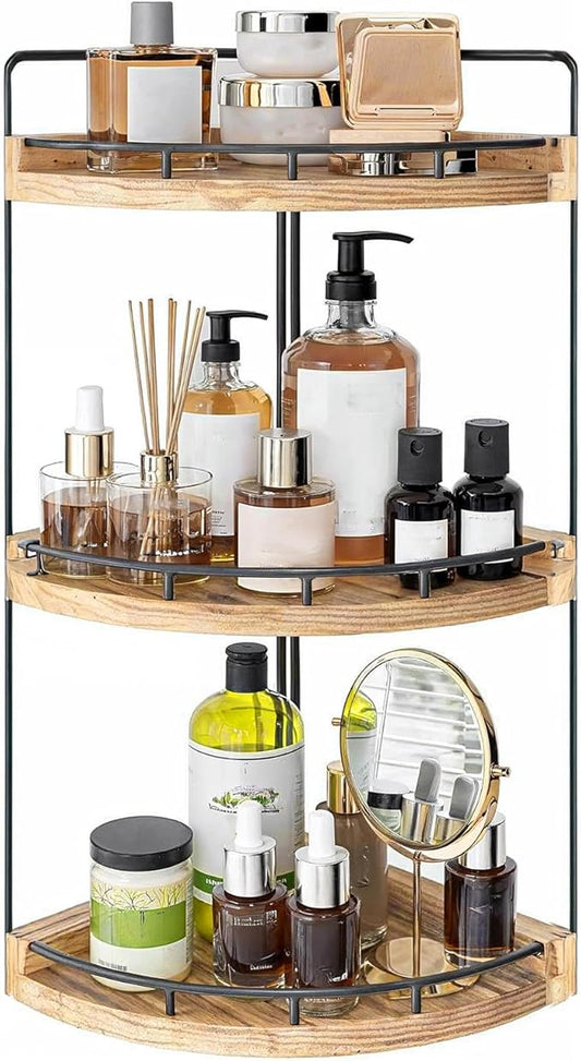 3-Tier Corner Bathroom Counter Organizer - Bathroom Counter Corner Shelf with Rustic Wood & Metal Frame, Space-Saving Vanity Tray for Toiletries, Cosmetics (16.5" x 7.6" x 7.6")