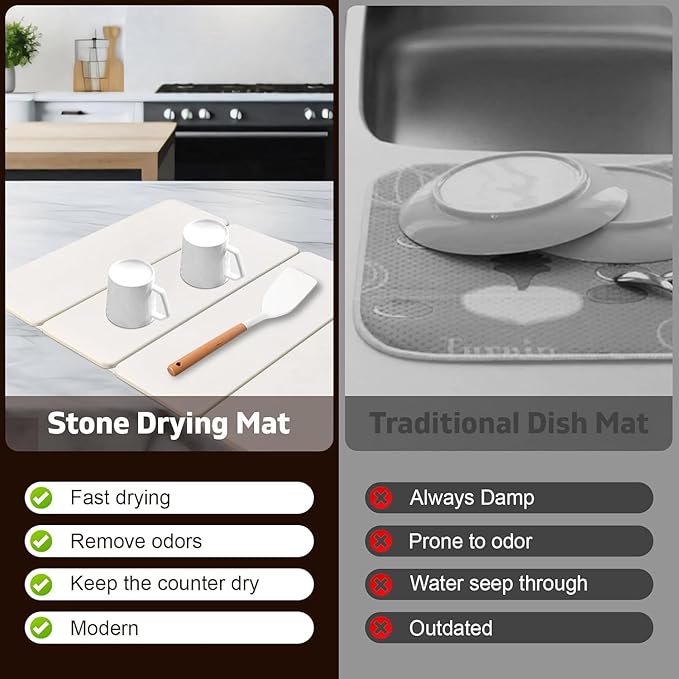 Large Stone Dish Drying Mat for Kitchen Counter, 24"×16" Dish Drying Mat, Fast Water-Absorbing, Diatomaceous Earth Non-Slip Stone Mat, Multi-Purpose Foldable for Match Any Countertop