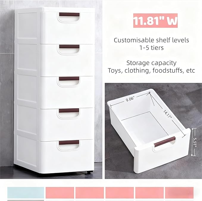 5 Drawers Stackable Storage Drawers Plastic Storage Drawers Collapsible Storage Bins Plastic Clothes Organizer Drawers Storage for Living Room,Bedroom,Office (White, 11.81" W)
