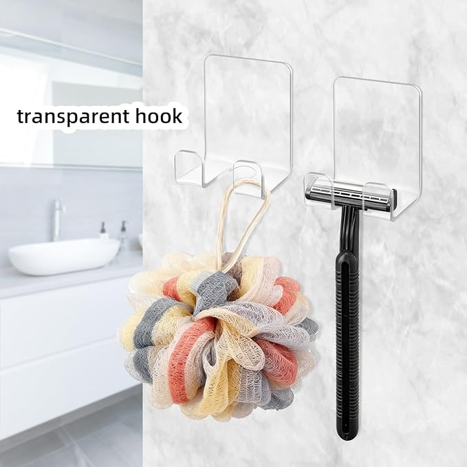 Bilkeru Clear Adhesive Hooks Acrylic Shower Hooks Self-Adhesive Shaver Holder Waterproof Razor Holder Bathroom Kitchen Organizerfor Hanging Key Robe Towel and Hat (Transparent, 4Pcs)