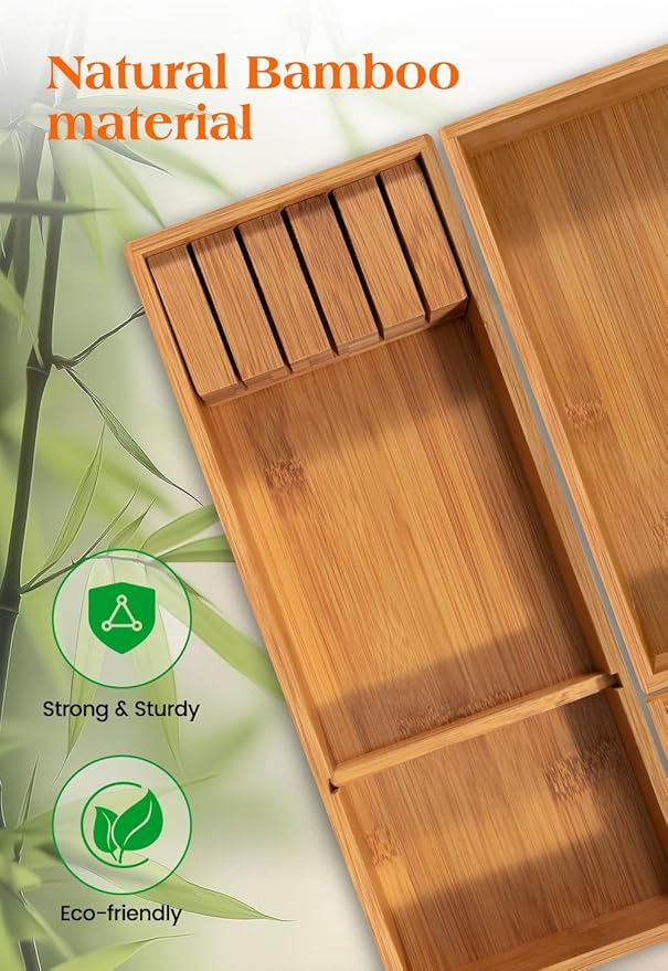 Carbonized Bamboo Kitchen Silverwar Drawer Organizer,14.2 inch Length Natural Utensil Flatware Organizers Tray Storage for Spoons Forks & Knives