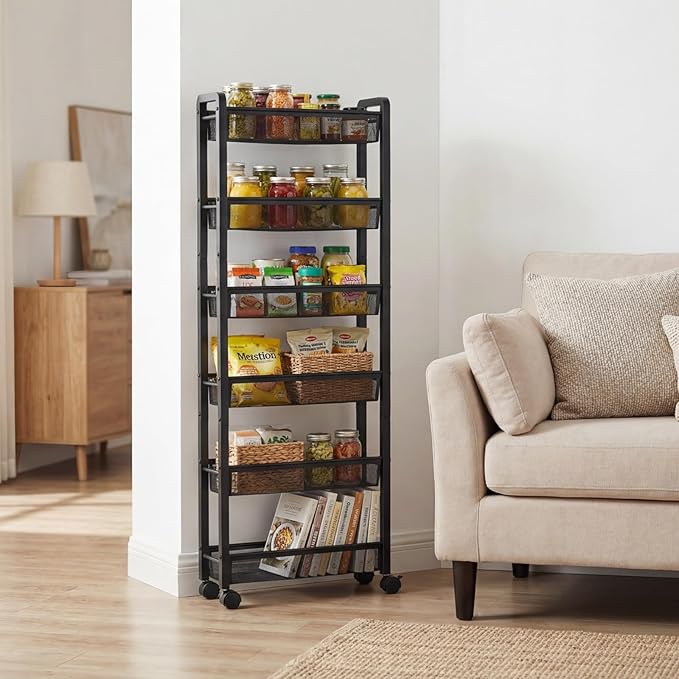 6 Tier Slim Rolling Storage Cart, Narrow Kitchen Storage Rack, Spice Rack Organizer with Wheels, Space Saving Shelf for Living Room, Laundry Room, Bathroom, Small Spaces