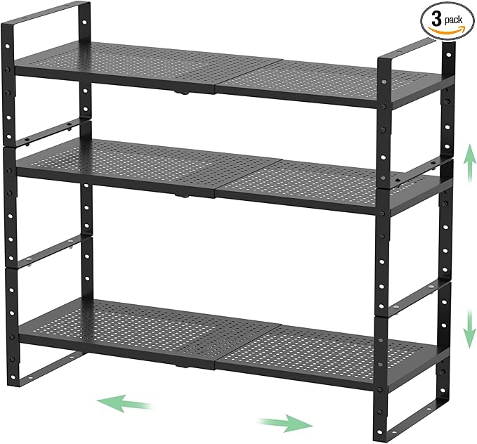 Expandable 16.5-27" W Metal Storage Rack, Shoe Rack with Borders. for Kitchen, Entryway, Closet or Office - Heavy-Duty Steel Construction