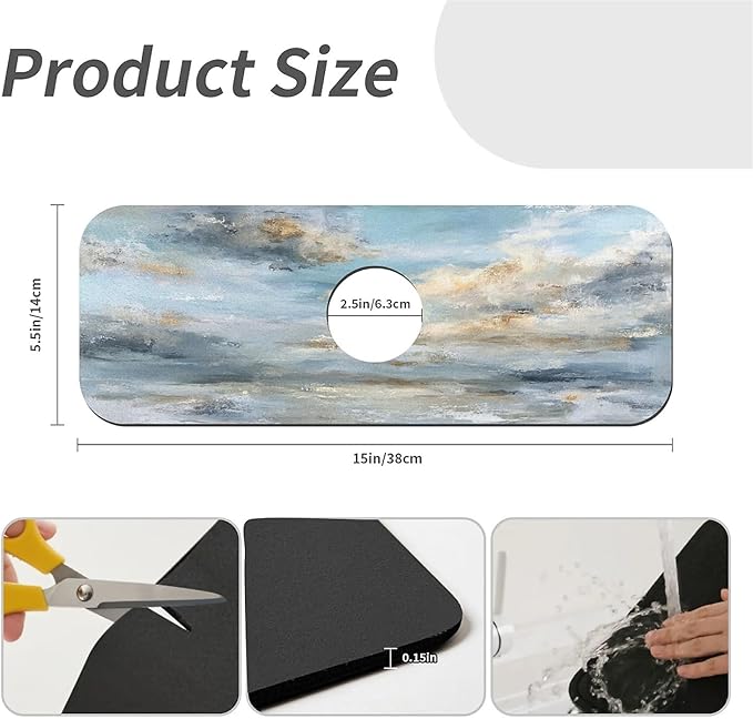 Kitchen Sink Splash Guard，blue and gray sky Faucet Mat Sink Gadgets-Super Absorbent Fast Drying Mat Drip Catcher for Kitchen, Bathroom,Sink Mat, Dish Drying Mat, Bathroom(15" X 5.5" )