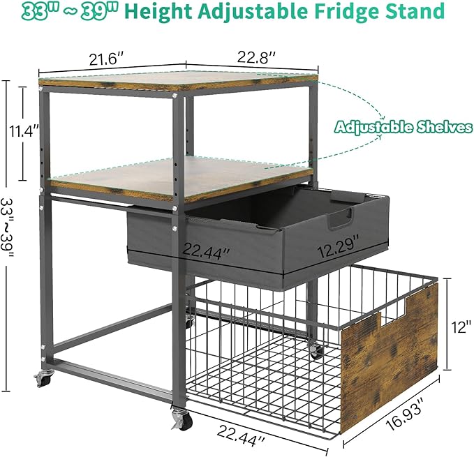 Hadulcet 4-Tier Fridge Stand with Storage Drawer - Rolling Fridge Cabinet with Wheels, Heavy Duty 21.6" L* 22.8" W Fridge Cart, Sturdy Metal Frame, for Home, Apartment, Office, Dorm, Rustic Brown