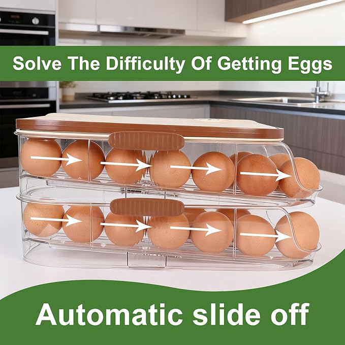 Automatic Rolling Egg Holder for Fridge 2-Layer Stackable Egg Organizer for Refrigerator Clear BPA-Free Egg Container with Lid Large-Capacity Egg Dispenser & Egg Storage Rack Holds 28 Eggs
