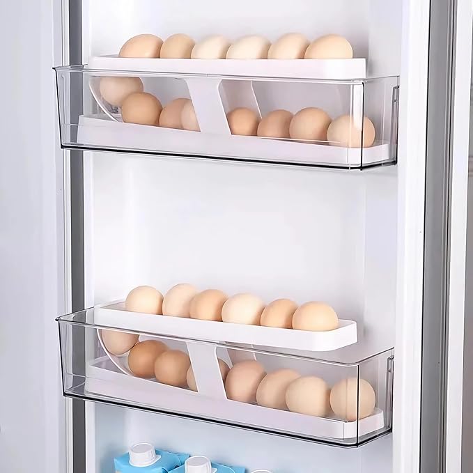 RollDown Egg Dispenser for Refrigerator - 2 Pack Space Saving Egg Holder & Organizer, FIFO Rolling Dispenser Rack for Standard/Large/Jumbo Eggs