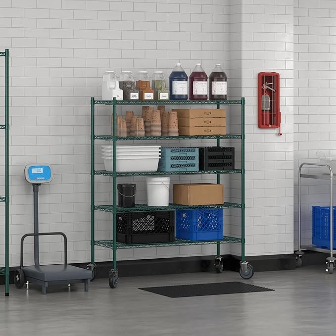 Commercial NSF Listed Green Epoxy Mobile Wire Shelving Kit 18" x 48" x 60", with 5 Shelves Perfect for Warehouse, Walk-in Refrigerator, Freezer, Grocery Store, Restaurant, Dishroom